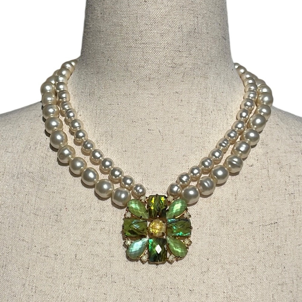 Double Pearl Chain with Flower Stone Pendant